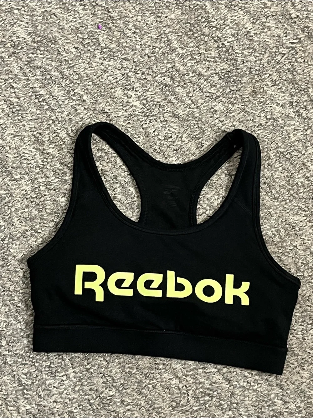 Reebok Women's Racerback Sports Bra Black Neon Yellow Graphic Logo Size Small